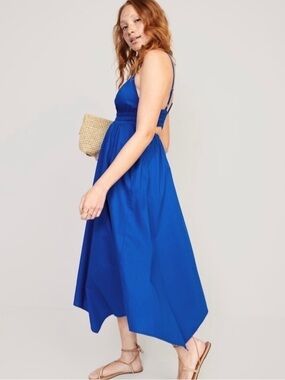 Old Navy 100% Cotton Blue Waist Defined Smocked V-Neck Maxi Dress with Open Back